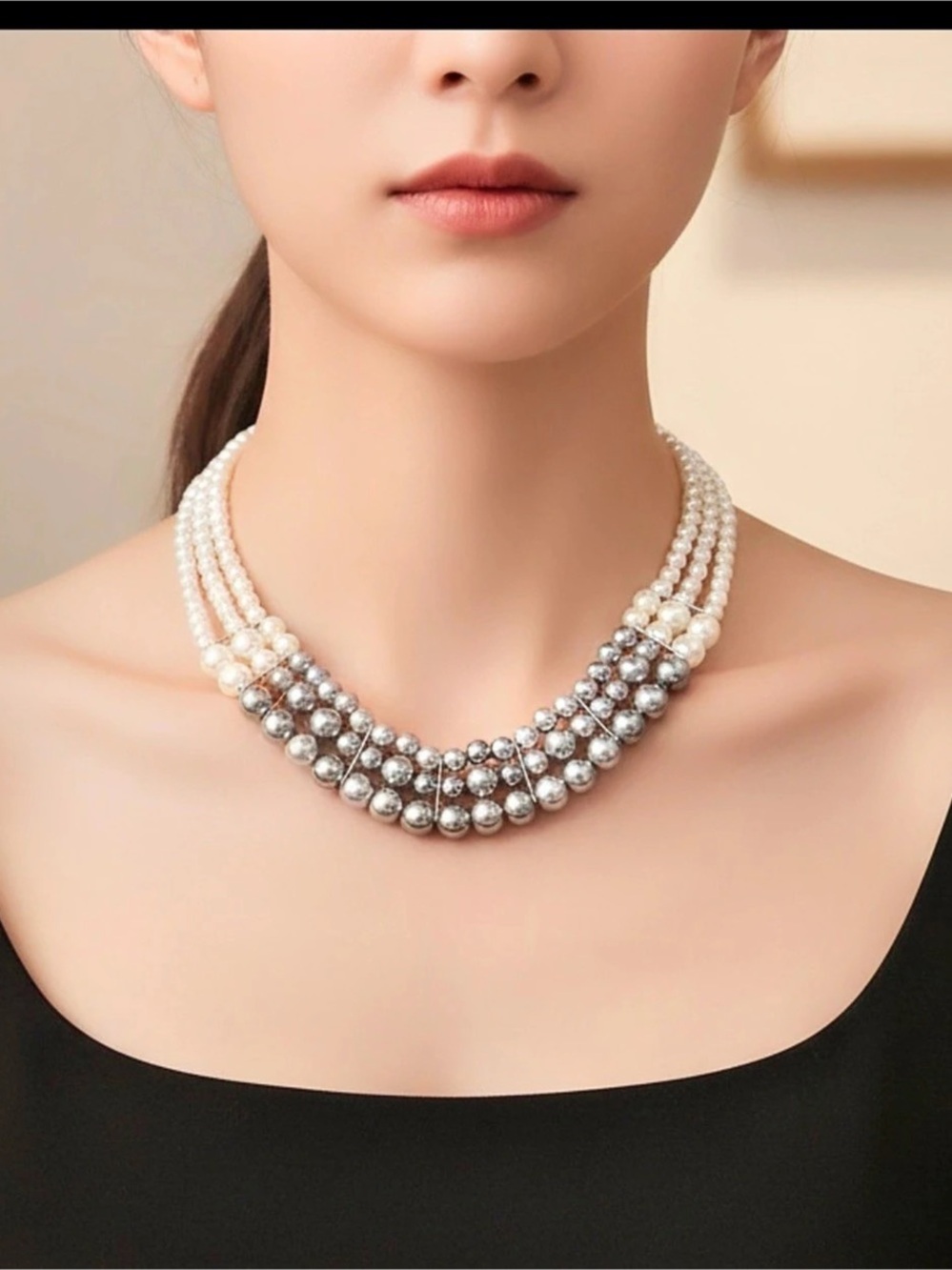 Layered Pearl-Style Necklace in White & Silver